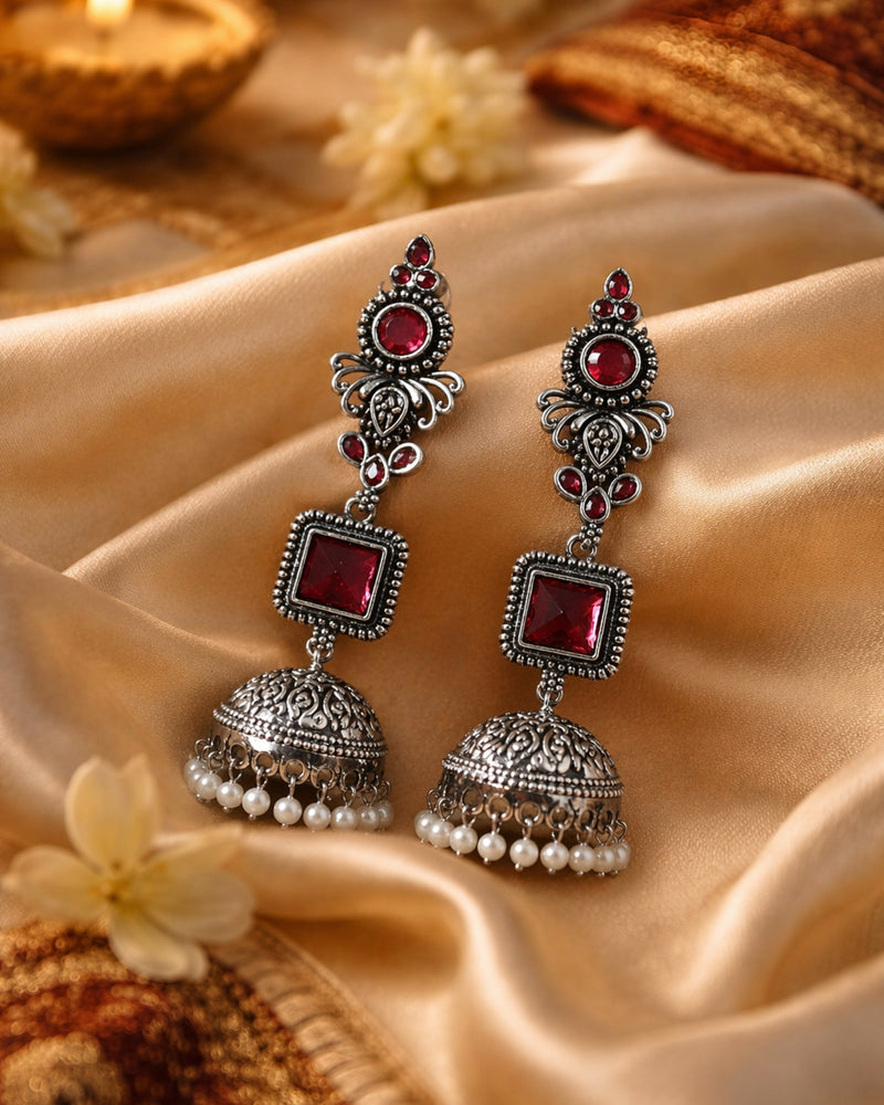 Ruby Oxidised Jhumka Earrings
