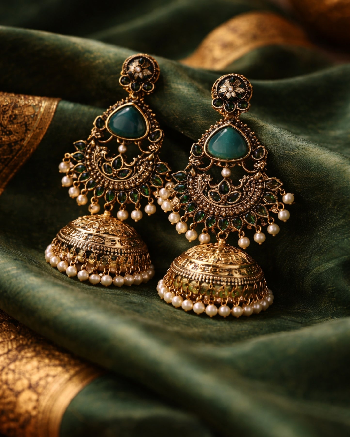Emerald Pearl Dome Jhumkas