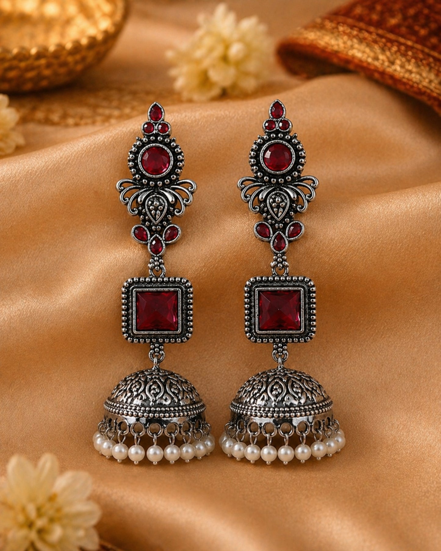 Ruby Oxidised Jhumka Earrings