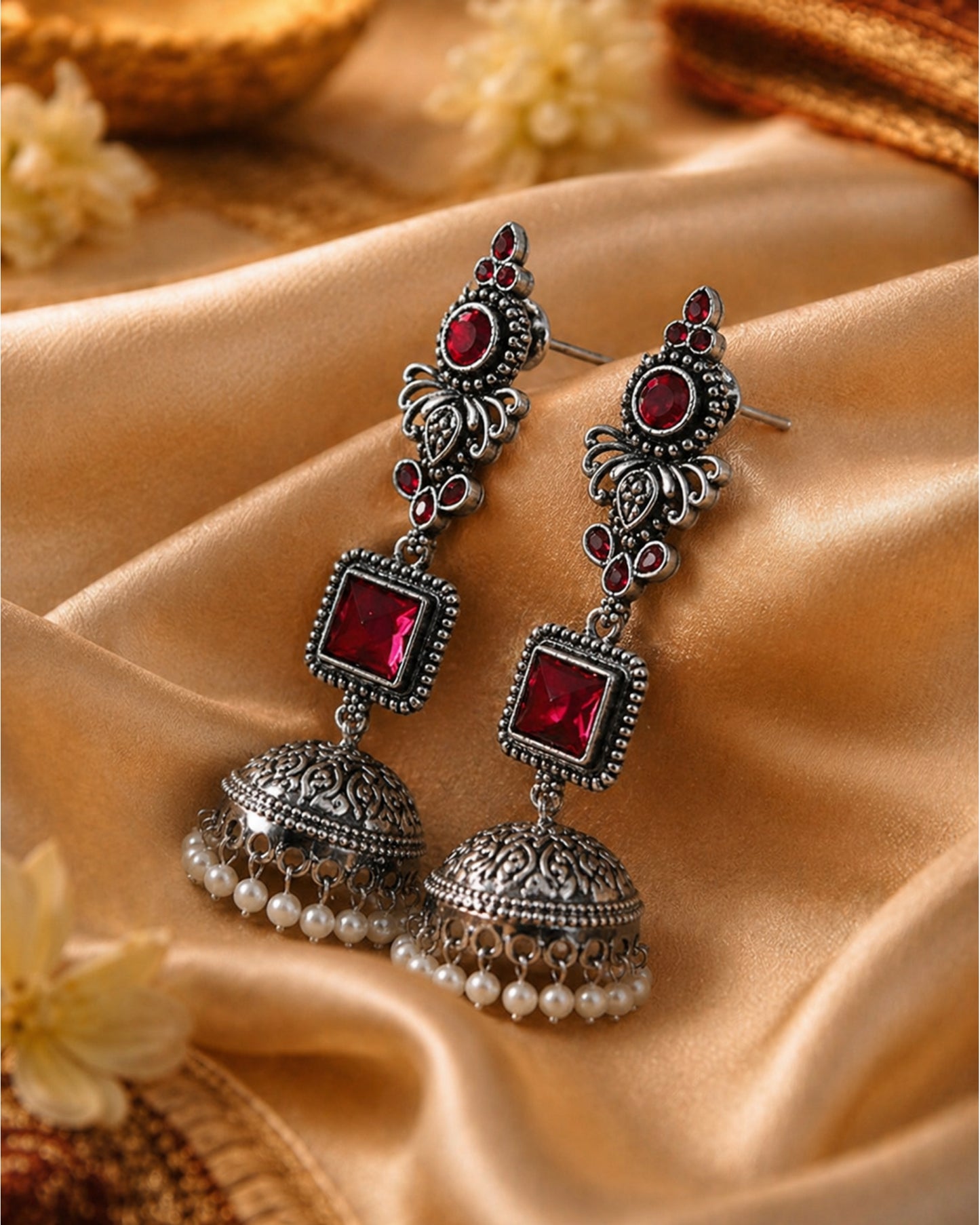 Ruby Oxidised Jhumka Earrings