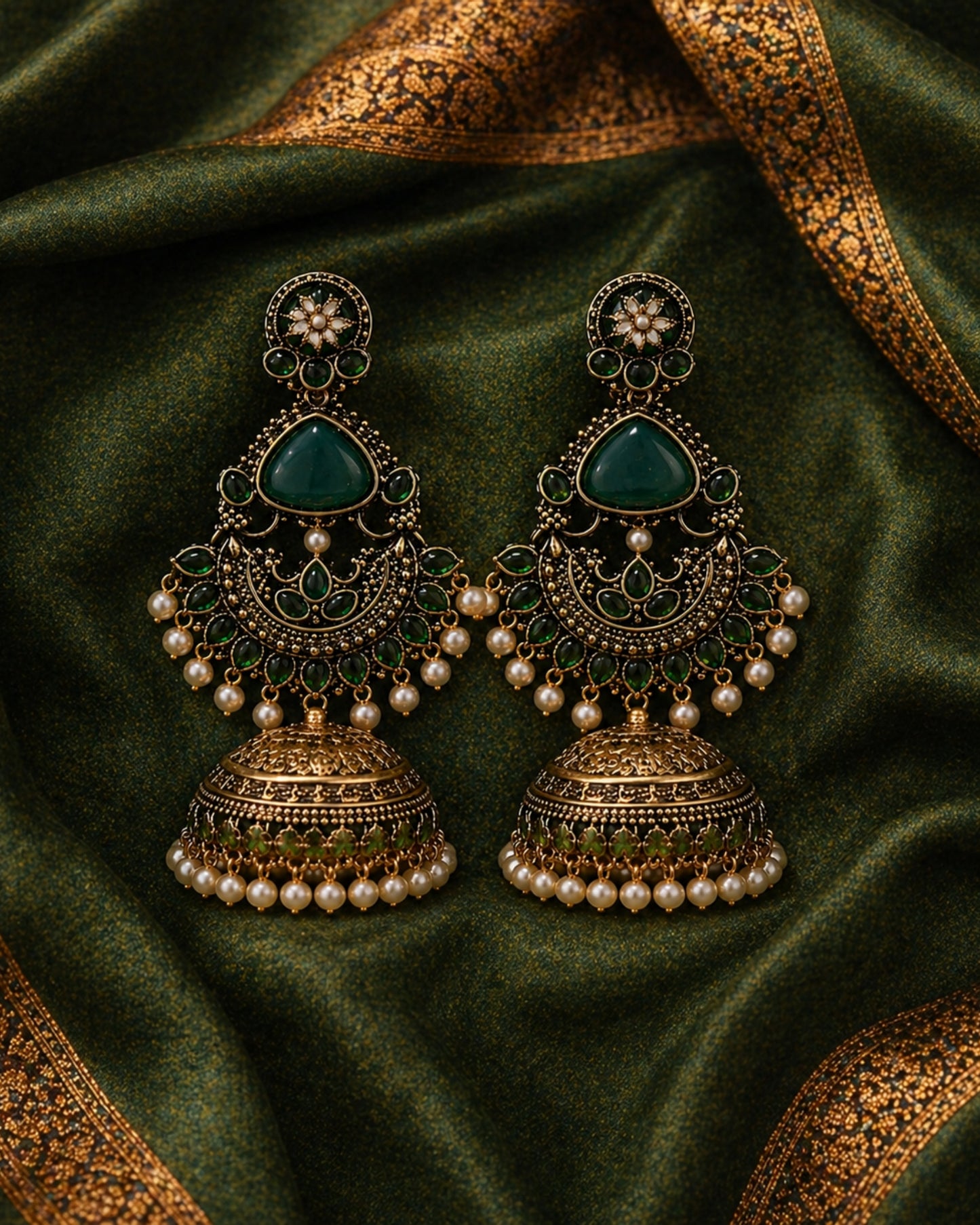 Emerald Pearl Dome Jhumkas