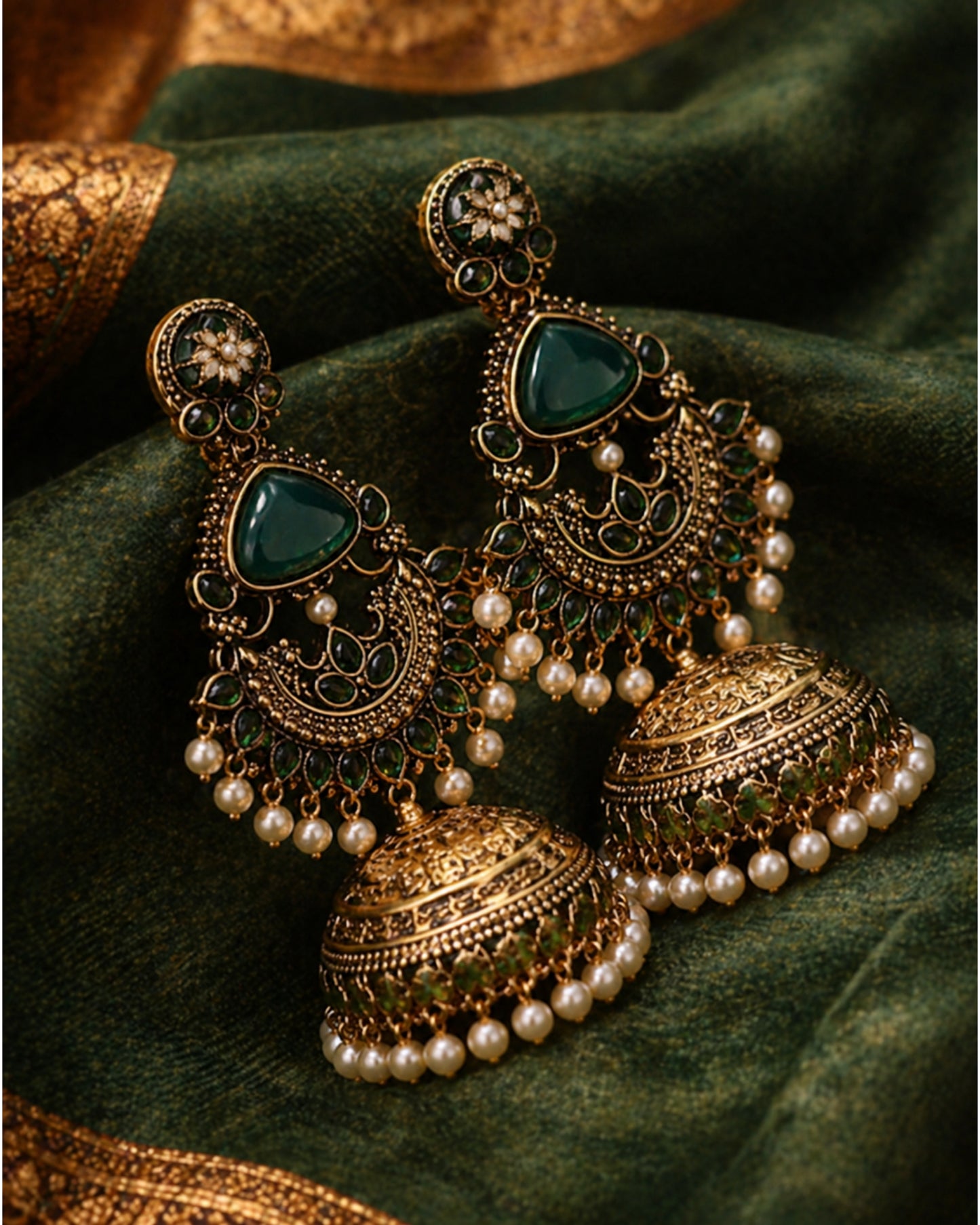 Emerald Pearl Dome Jhumkas
