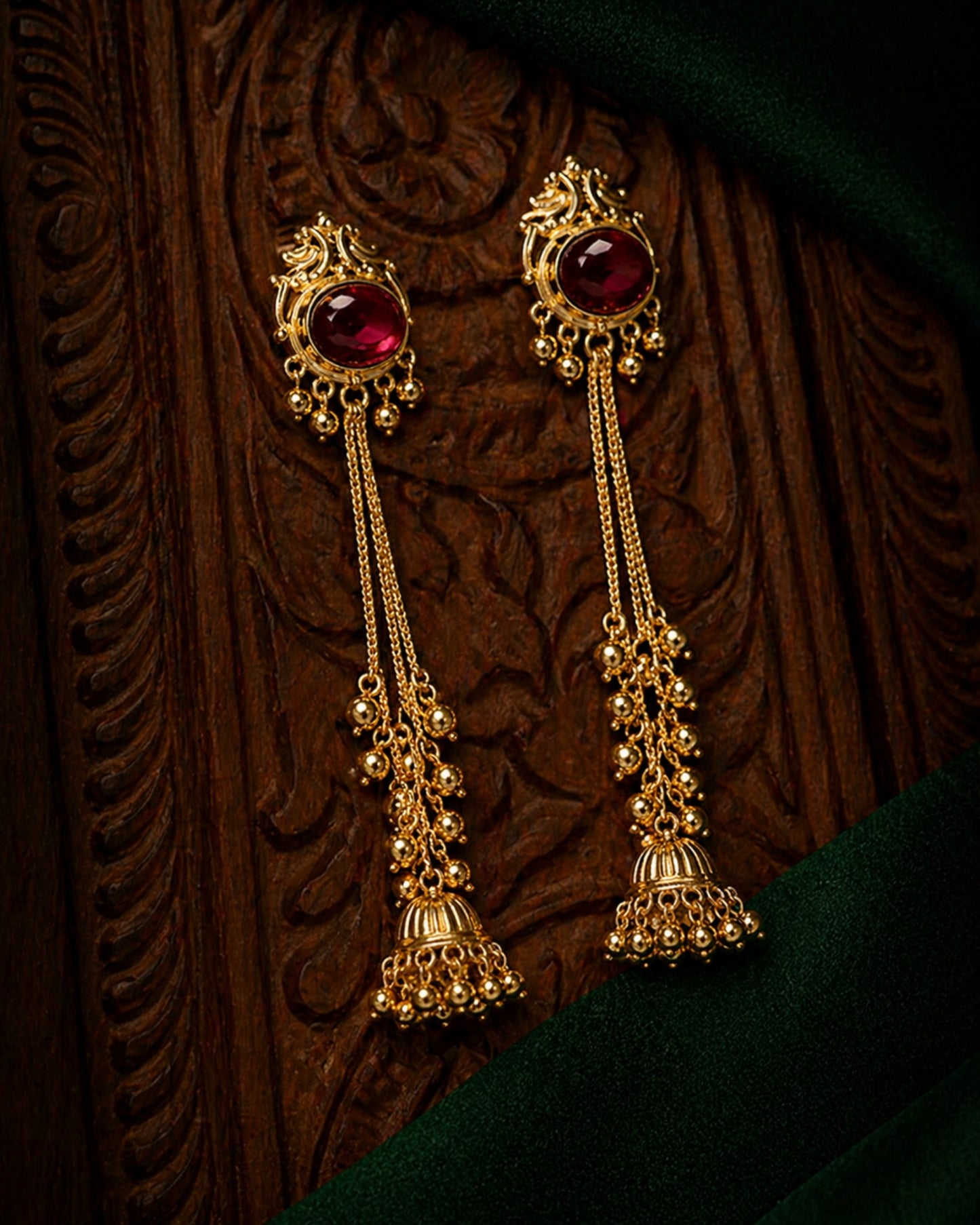 Ruby Tassel Jhumka Earrings